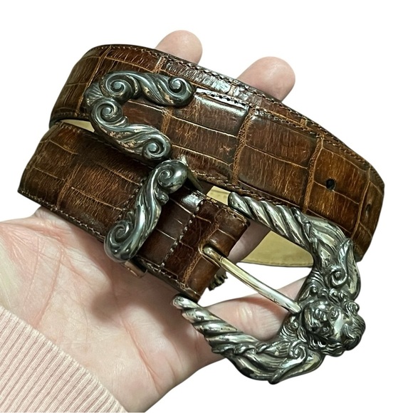 Brighton vintage brown faux croc embossed leather belt silver cherub buckle main image 8